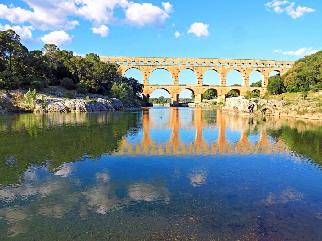 Aerial view of Pont du Gard in the Gardon River valley in southern France