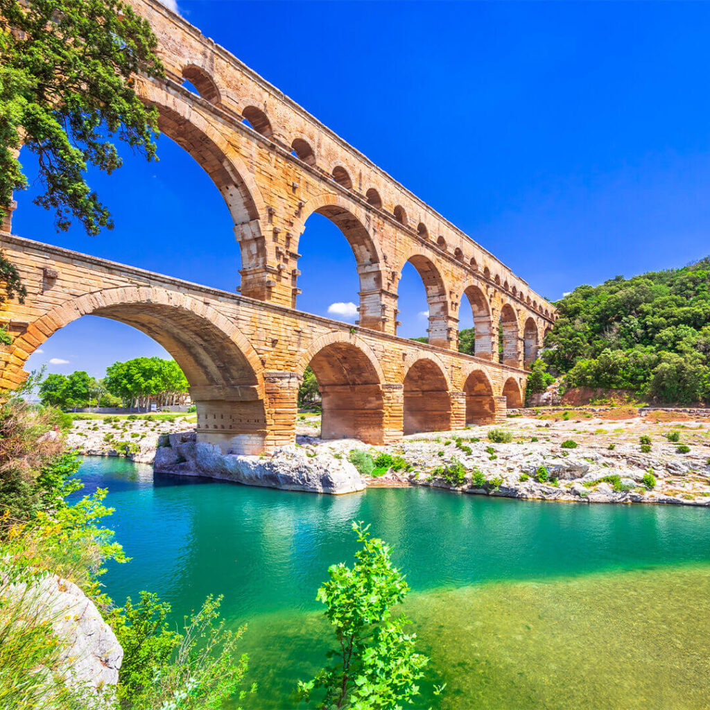 Pont du Gard Roman aqueduct bridge with three levels of arches in southern France