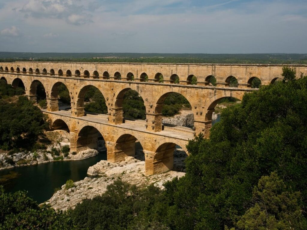 Pont du Gard aqueduct overlooking the Gardon River and surrounding countryside