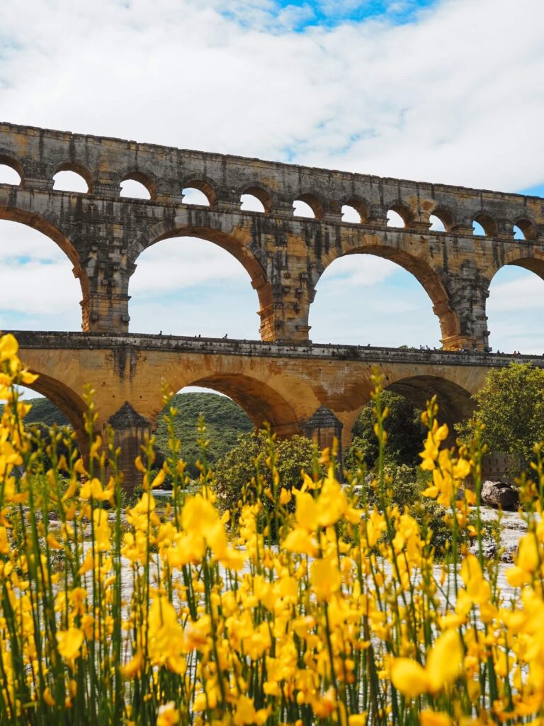 Pont du Gard surrounded by spring greenery and blooming wildflowers