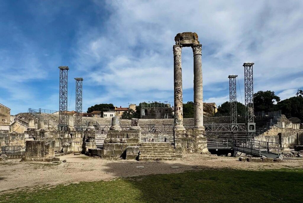 Surviving columns and ruins at the Roman Theater of Arles