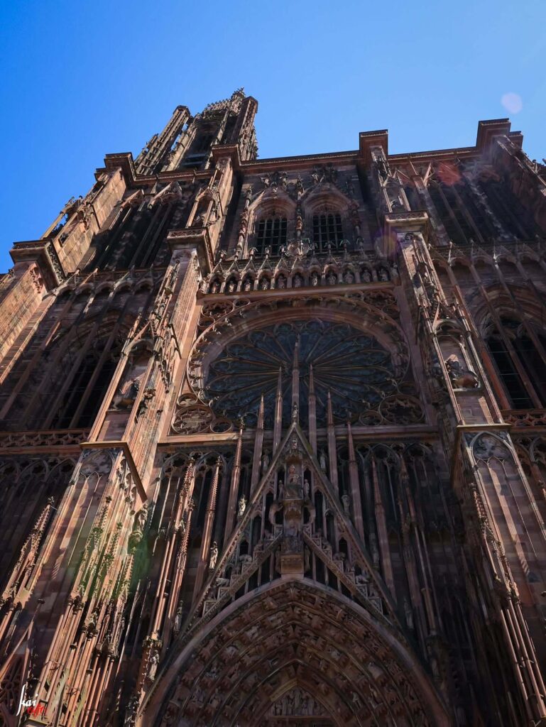 Exterior view of Strasbourg Cathedral from Cathedral Square in Strasbourg France