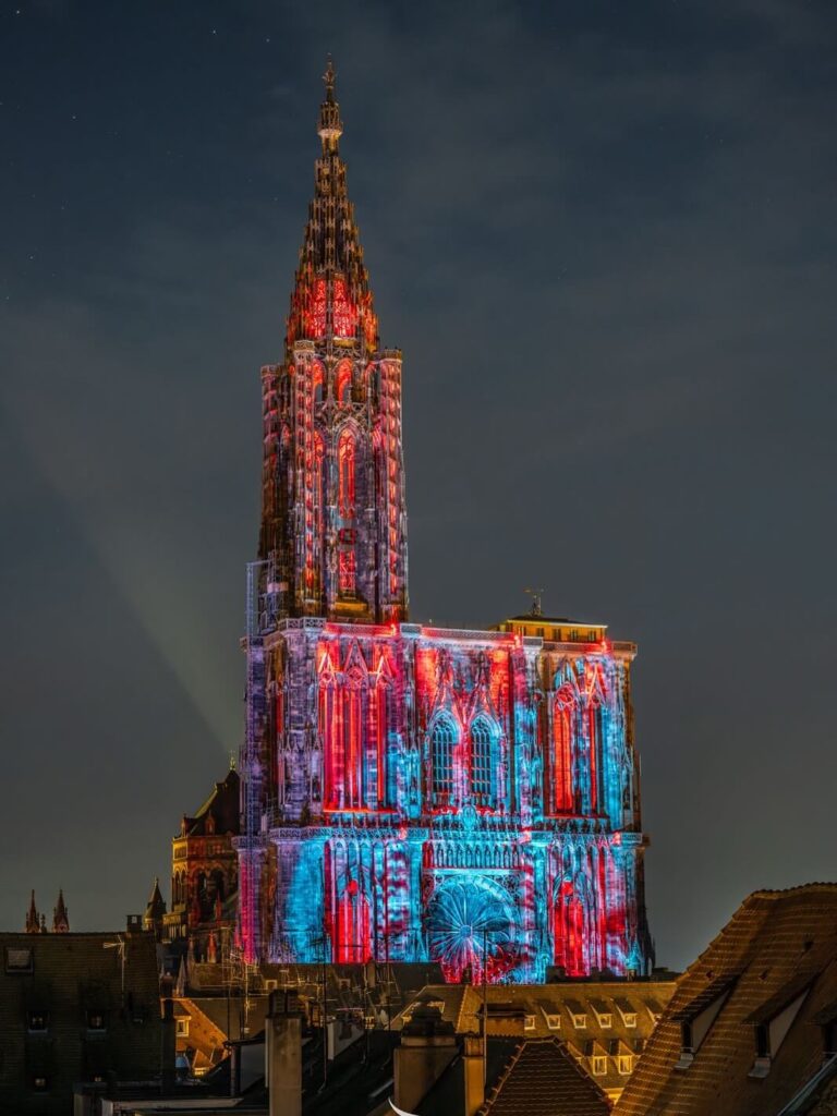 Strasbourg Cathedral illuminated at night in Strasbourg France