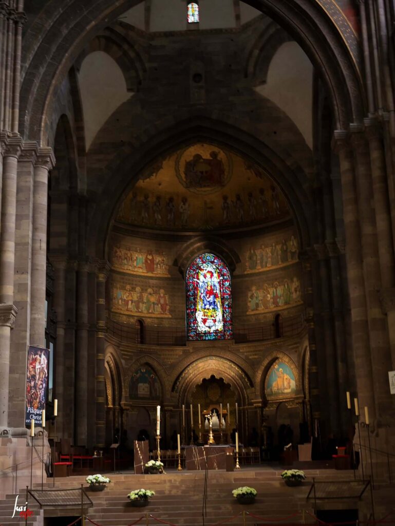 Ornately carved medieval pulpit inside Strasbourg Cathedral