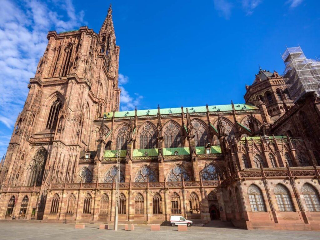 Restoration work preserving Strasbourg Cathedral's historic facade