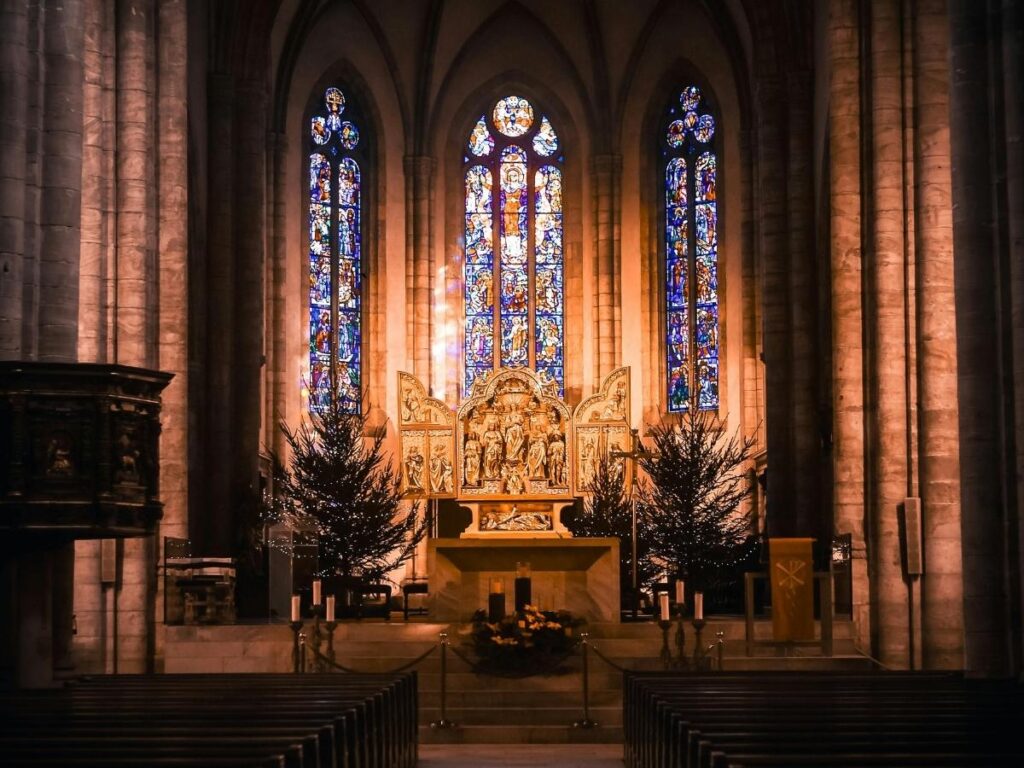 Historic stained glass windows inside Strasbourg Cathedral