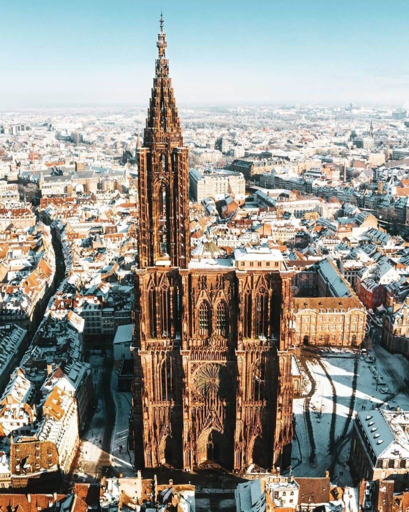 Strasbourg Cathedral illuminated during winter in Strasbourg