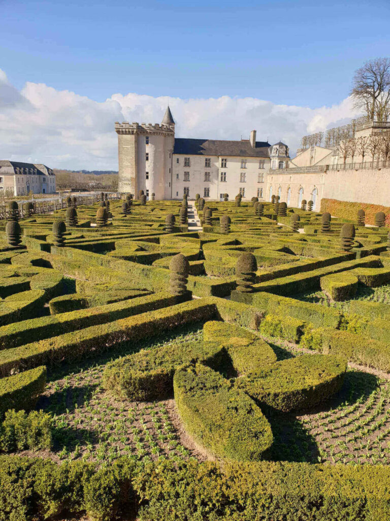 Panoramic view of Château de Villandry's Renaissance gardens seen from the Belvedere viewpoint