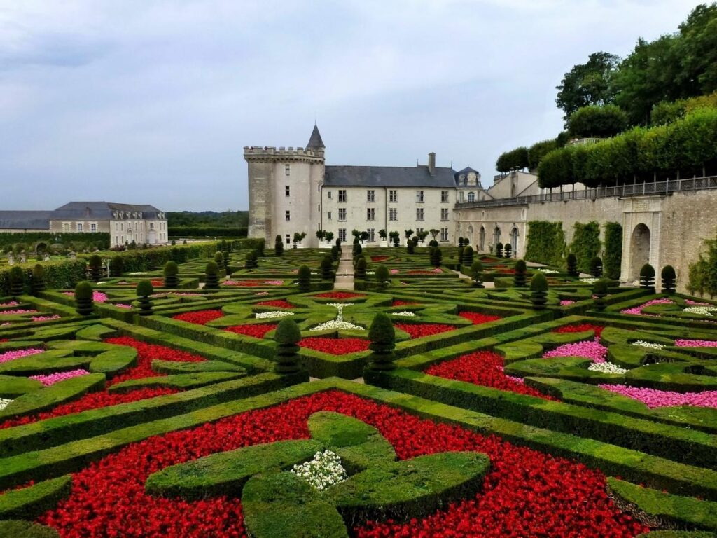 Spring flowers and tulips blooming in the gardens of Château de Villandry