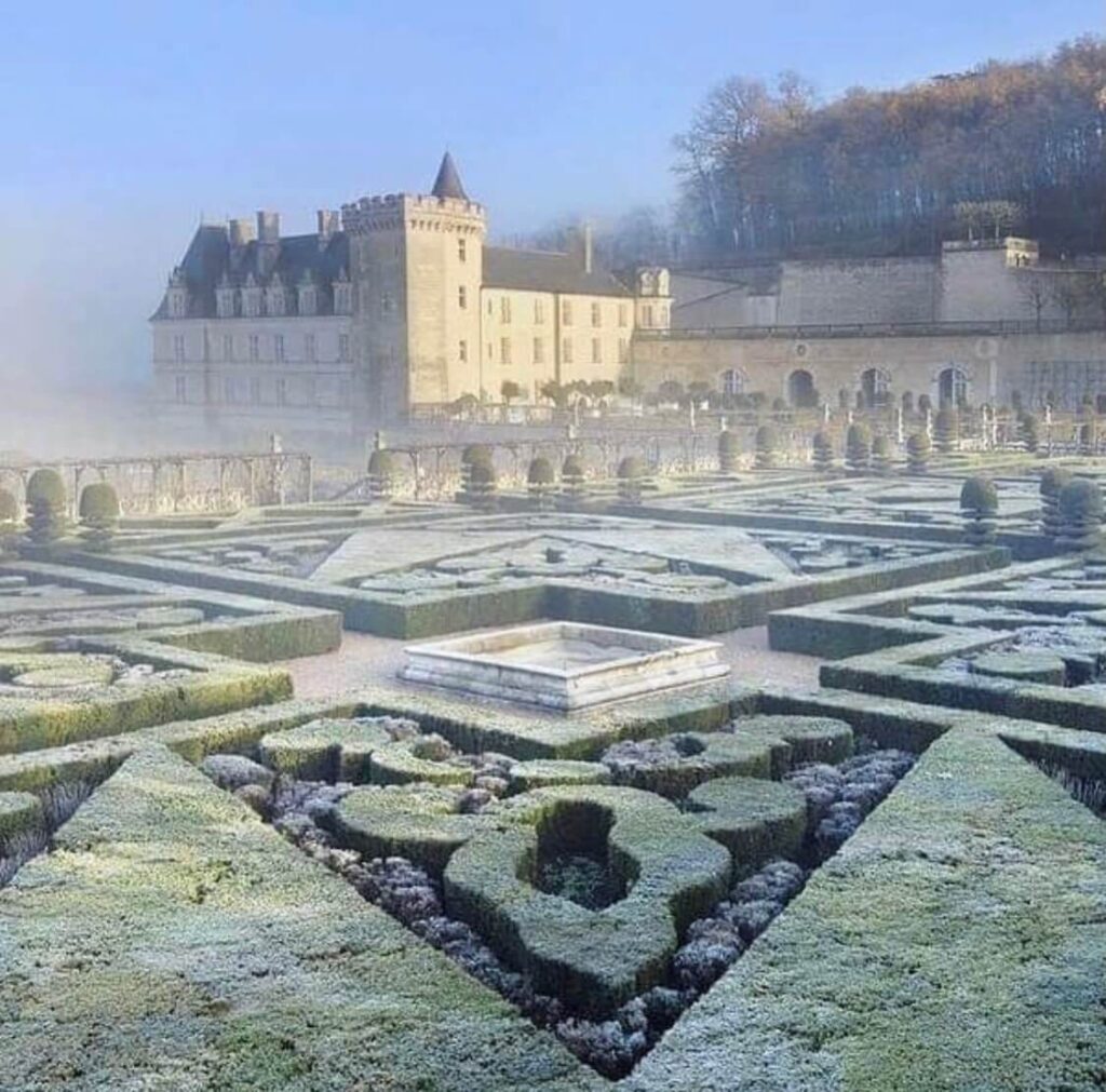 Winter view of the formal gardens at Château de Villandry