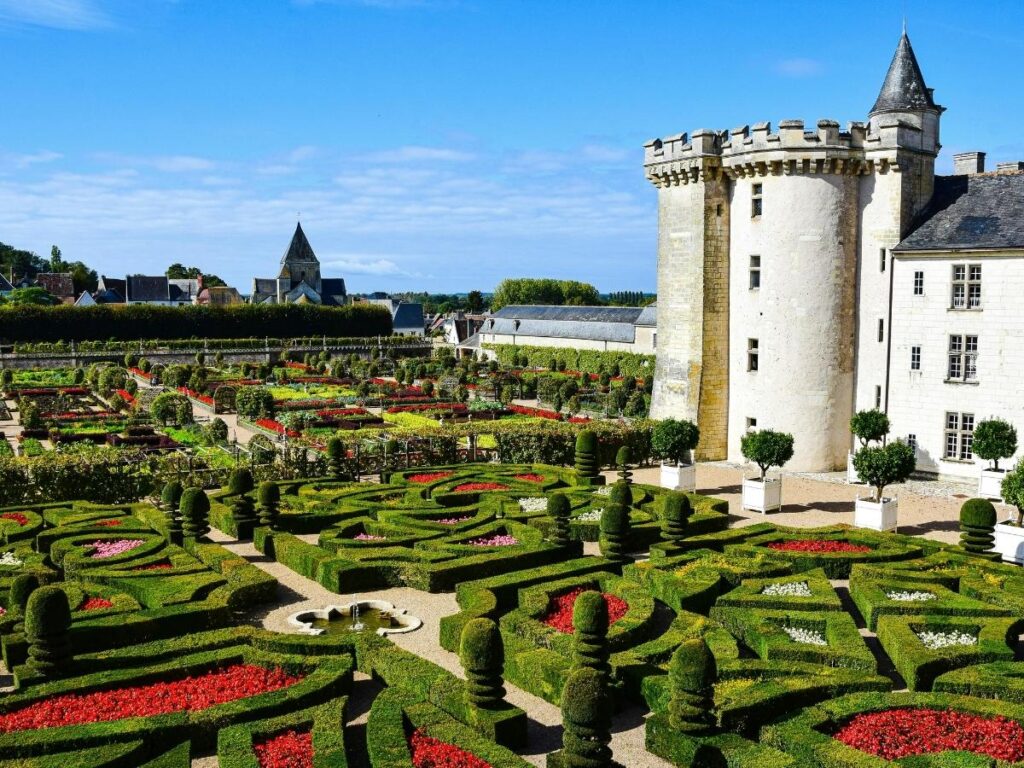 Elevated view of Château de Villandry gardens from the Belvedere
