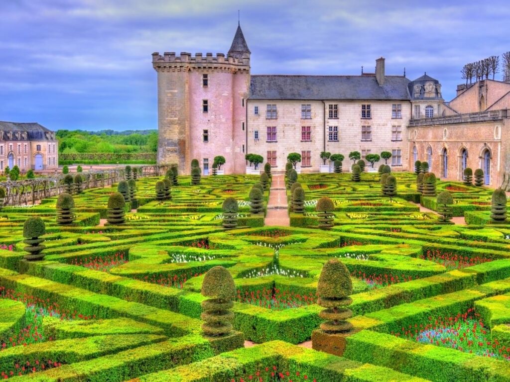Renaissance gardens at Château de Villandry viewed from above