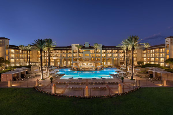 Exterior view of Fairmont Scottsdale Princess featuring Spanish-inspired architecture in Scottsdale, Arizona