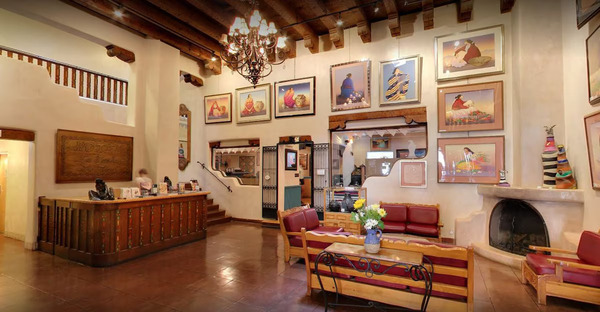 Exterior view of Hotel La Fonda de Taos showcasing its historic Southwestern architecture in downtown Taos.