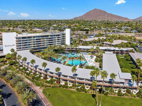 Exterior view of Hotel Valley Ho in Scottsdale, Arizona with classic mid-century modern design