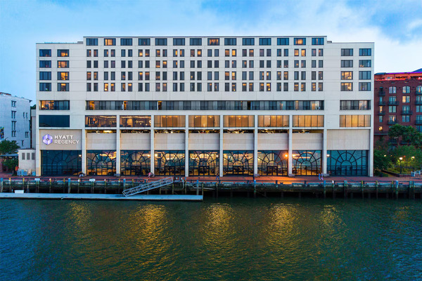 Exterior view of Hyatt Regency Savannah overlooking the Savannah River in Georgia.