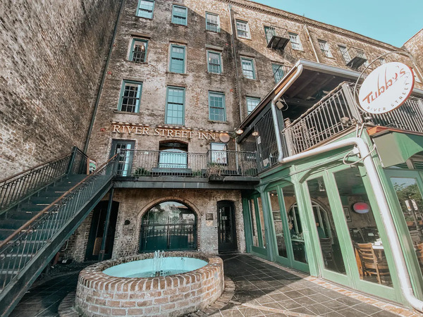 Exterior view of River Street Inn, a historic boutique hotel on Savannah's River Street, Georgia.