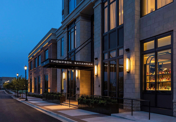 Exterior view of Thompson Savannah, a luxury lifestyle hotel in Savannah, Georgia.