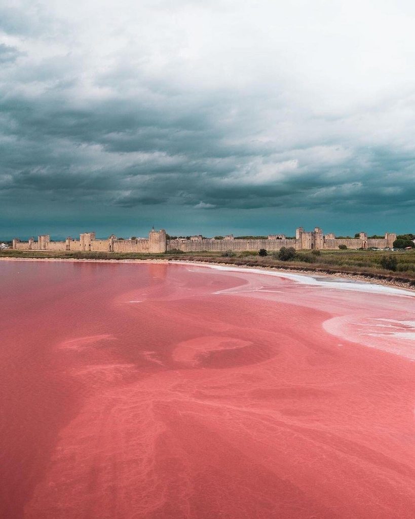 Pink and red salt ponds across the Camargue wetlands in southern France