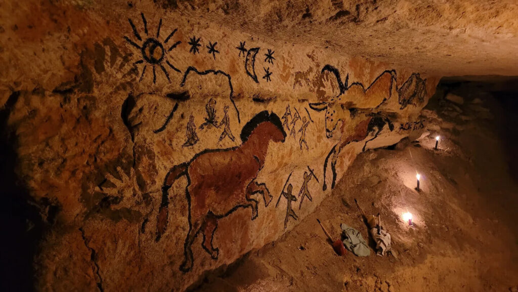 Prehistoric animal paintings and symbols inside the Lascaux cave replica