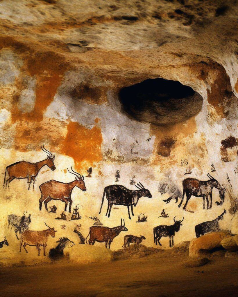 Prehistoric deer paintings in the Nave of the Lascaux cave replica