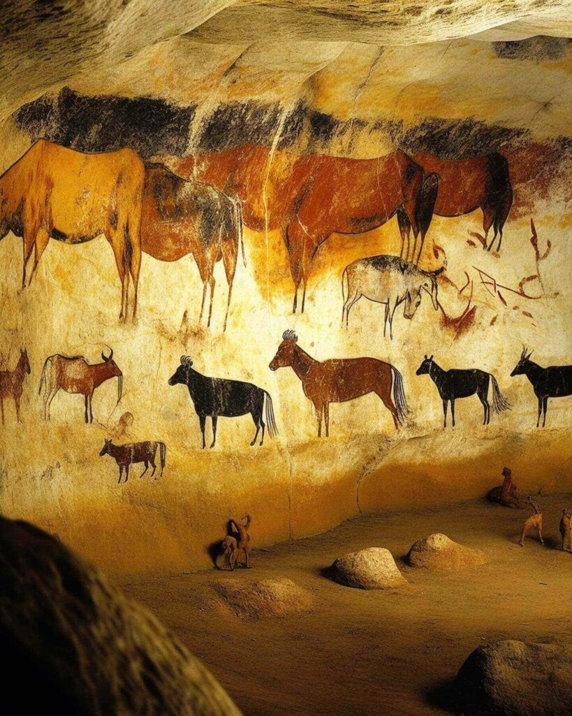 Well Scene reproduction showing a human figure and animals at Lascaux