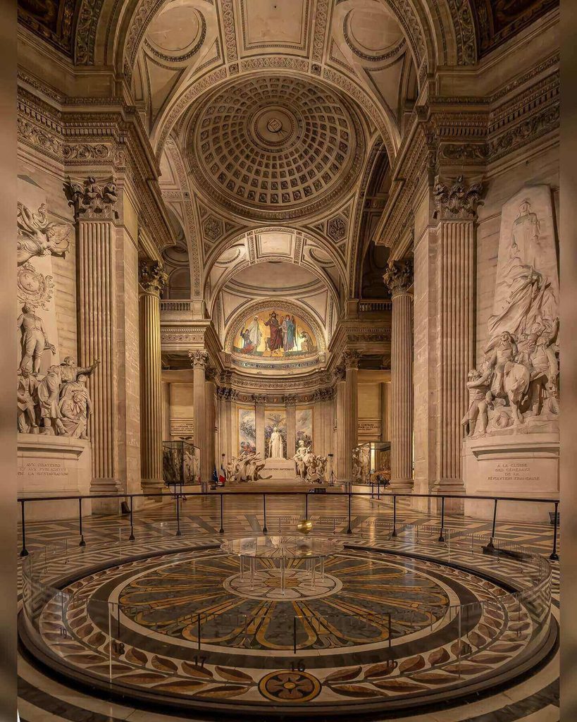 Nave, columns and dome inside the Panthéon in Paris