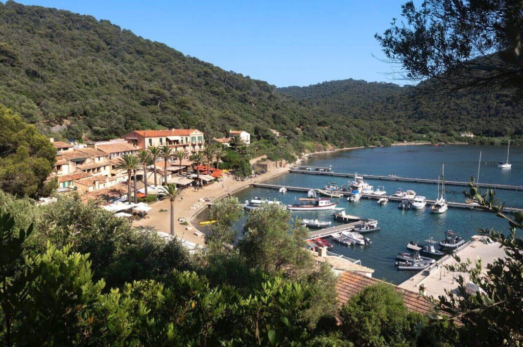Visitors relaxing at the Port-Cros harbor in the late afternoon