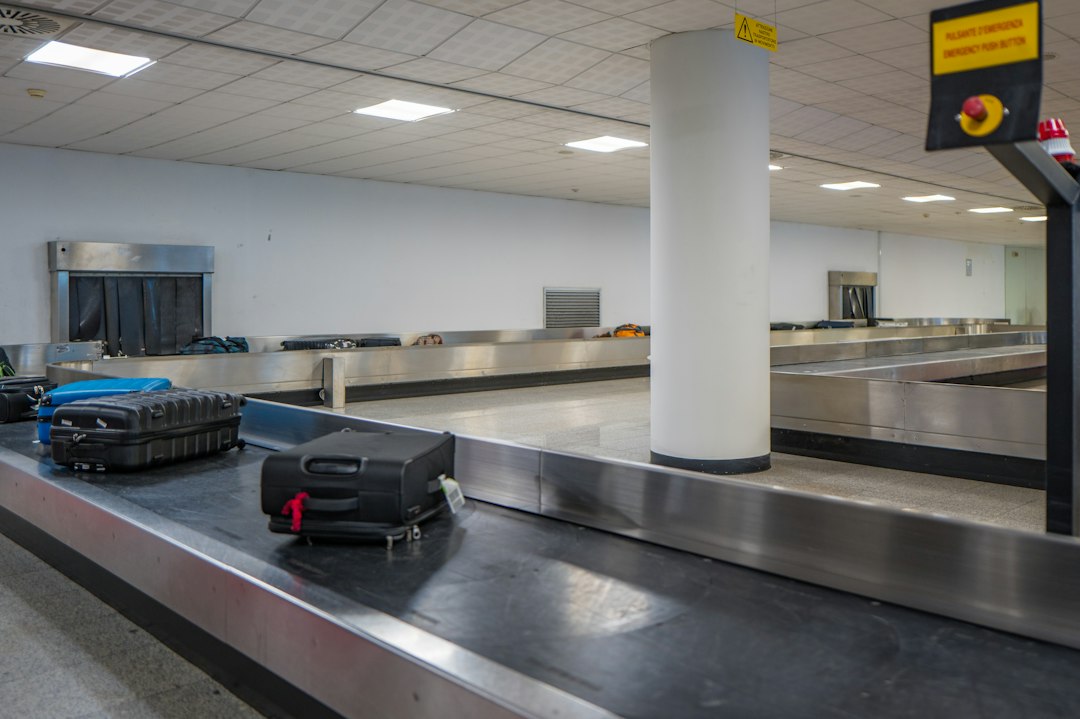 Suitcases moving along an airport baggage conveyor belt