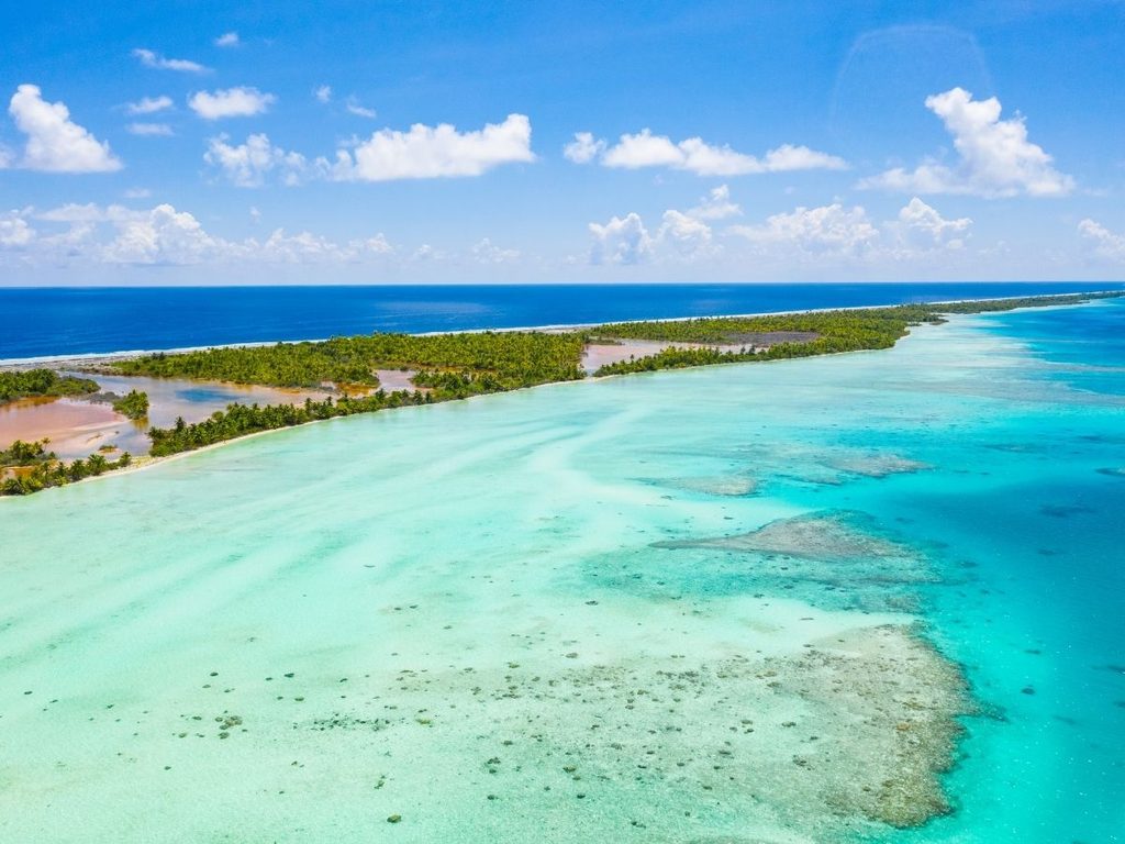 Aerial view showing the narrow shape of Fakarava atoll