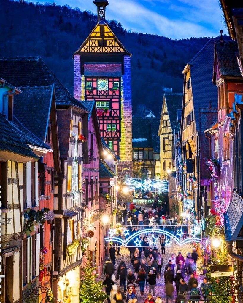 Riquewihr decorated with Christmas lights during the holiday season