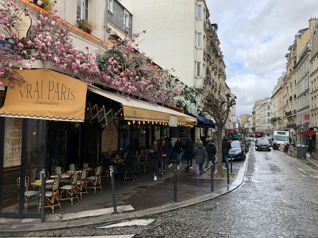 A Paris cafe with sidewalk terrace seating and pink flowers above the awning on a cobbled Montmartre street.