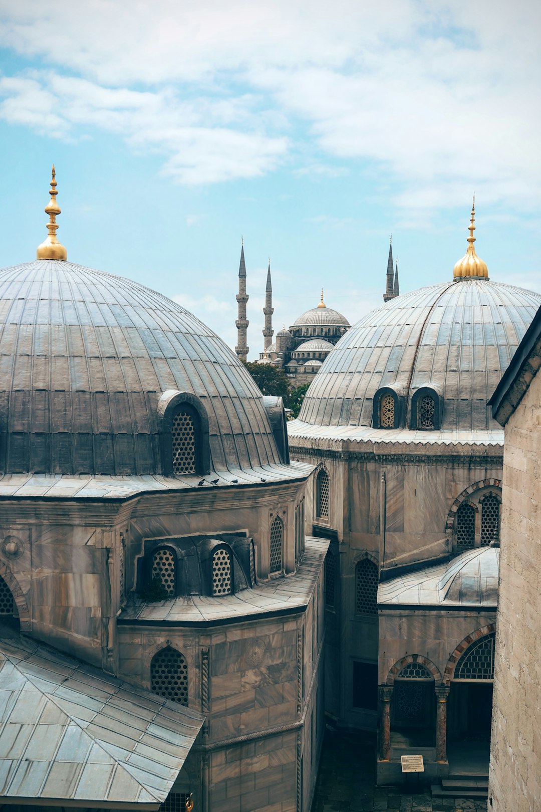 Historic mosque with domes and minarets in Istanbul's old city