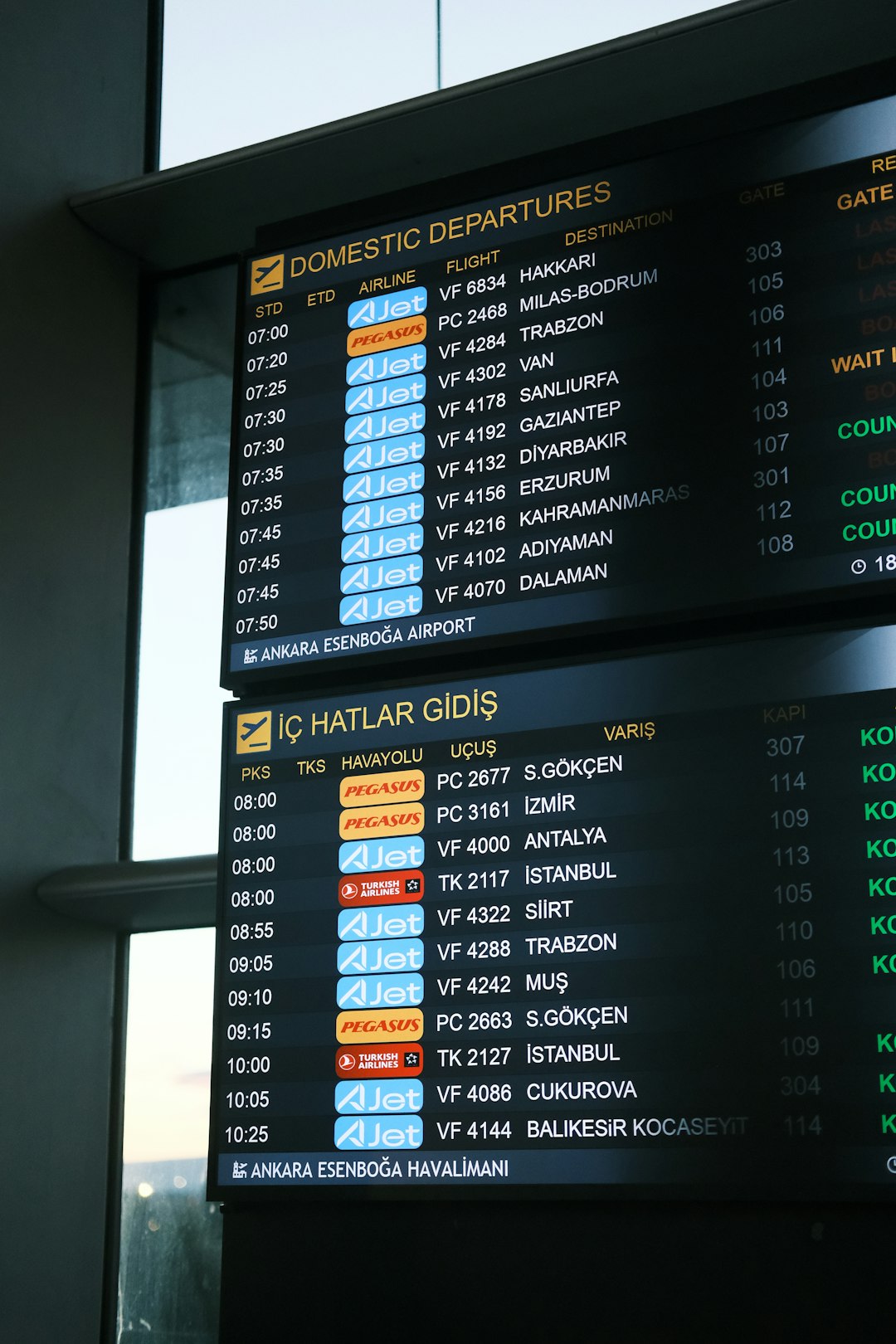 Airport departure information board showing flight times