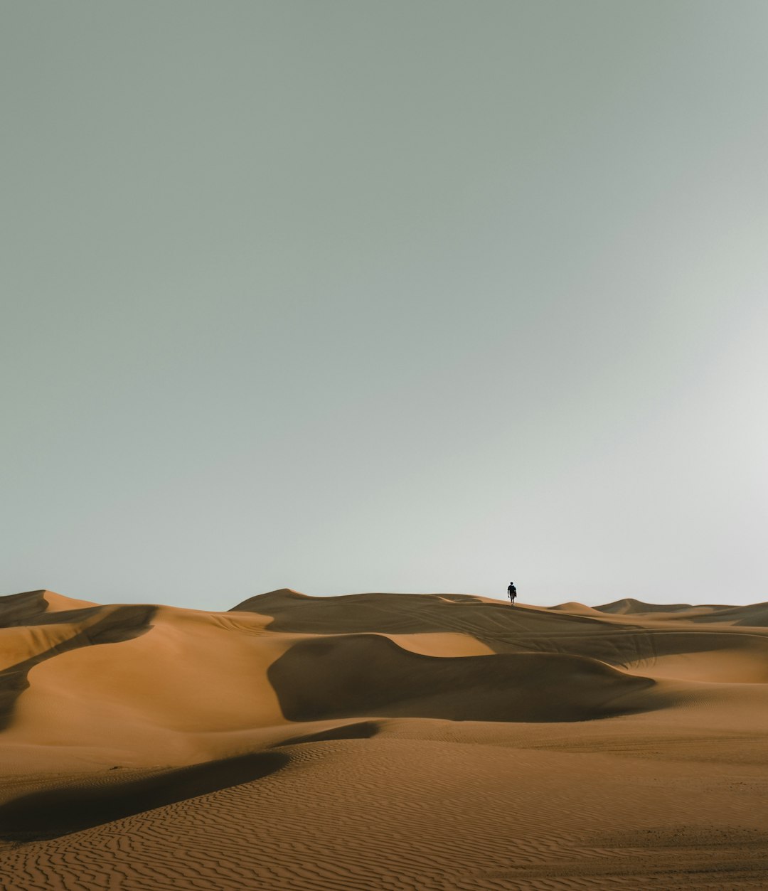 A lone traveler standing in the Dubai desert dunes at sunset