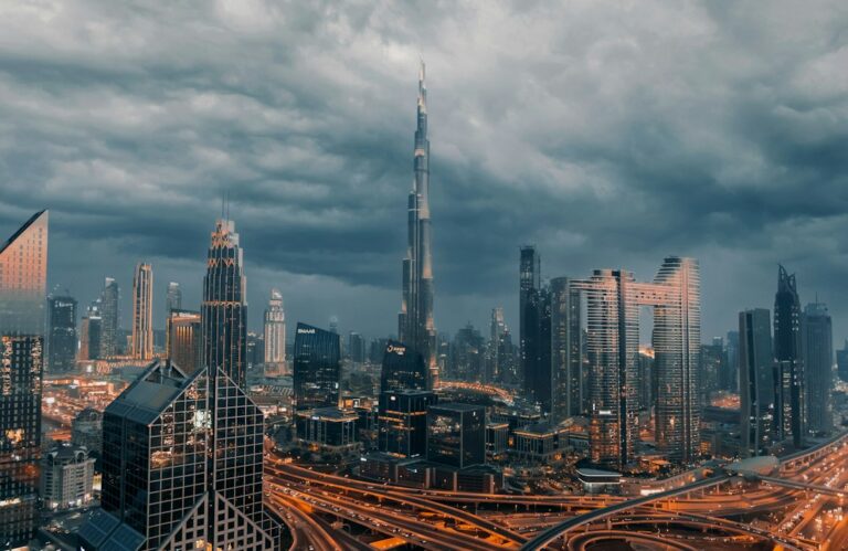 Dubai skyline with the Burj Khalifa rising above the city at dusk