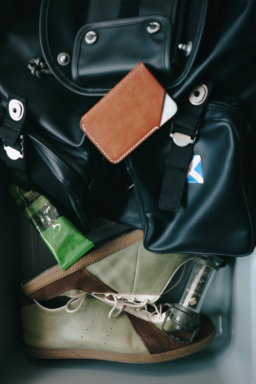 A travel bag with a passport holder and toiletries packed inside