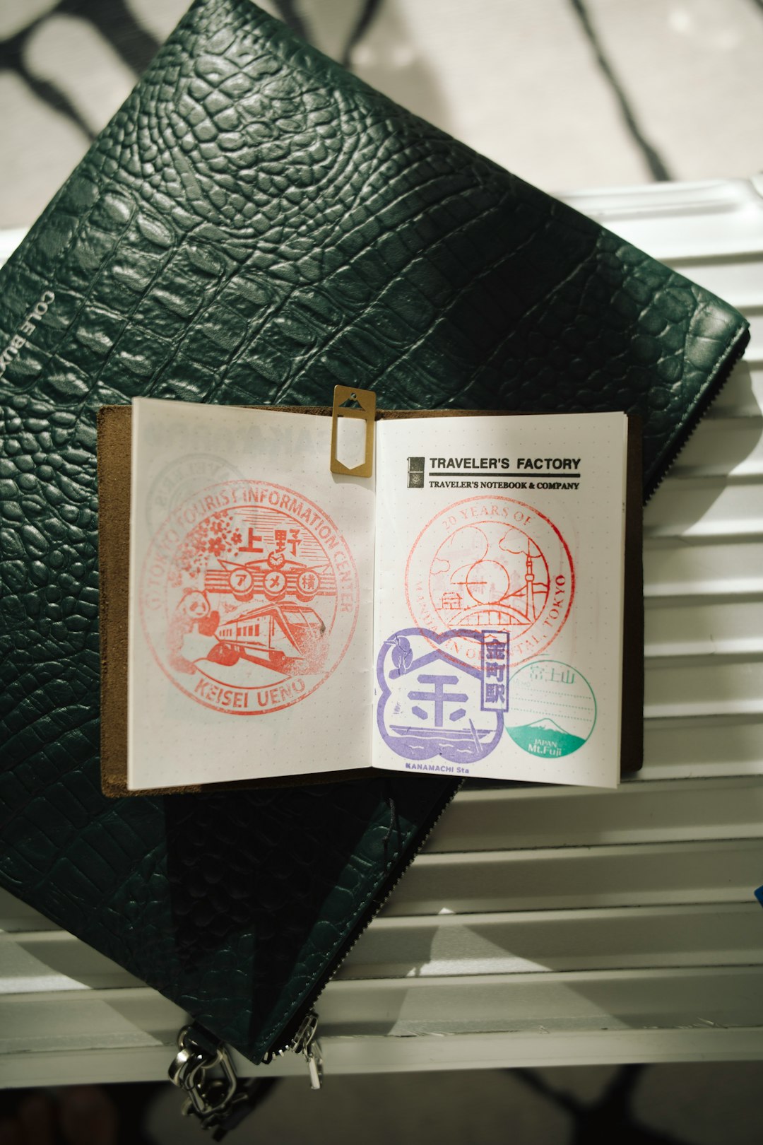 Open passport with colorful stamps and travel accessories